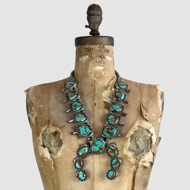 SQUASH BLOSSOM Large Royston Turquoise & Silver Necklace | Naja Pendant, Bench Beads | Navajo Native American Jewelry, Southwestern Jewelry 
