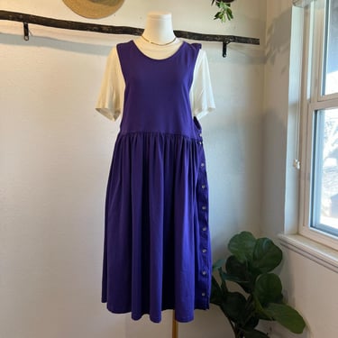 L.L. Bean USA Purple 100% Cotton Overall Jumper Dress Size Large Button Sides 