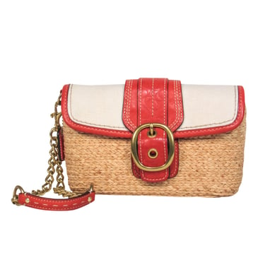Coach - Tan, Red &amp; Cream Woven Straw &amp; Leather Convertible Wristlet