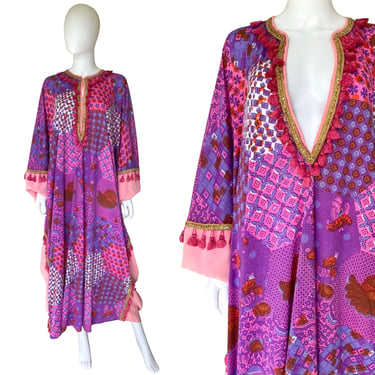 Late 1960s / Early 1970s Pink & Purple Print Caftan - Vintage Pink Kaftan - 1960s Maxi Dress - Purple Caftan | One Size Fits Most 