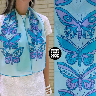 Sweet Vintage 60s 70s Blue & Purple Butterfly Sheer Long Scarf 