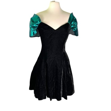 Vintage Jessica McClintock Gunne Sax Black Velvet Iridescent Green Dress USA Made Size 13/14 