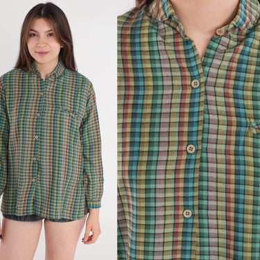 Checkered Blouse 70s Button up Shirt Long sleeve Top Retro Check Print Seventies Preppy Disco Green Blue Red Yellow Vintage 1970s Small S 