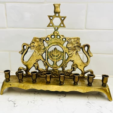 Vintage Solid Brass Menorah Star of David with 9 Candleholders circa 1920s, Bench Design with 2 Judah Lions, Eastern Hanukkah Holiday by LeChalet