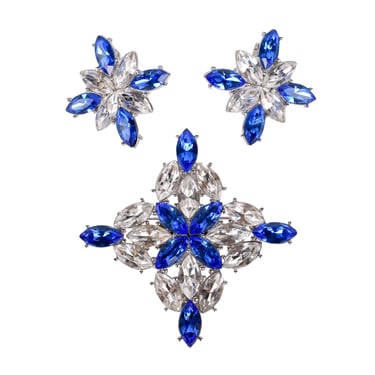 Yves Saint Laurent Vintage Numbered Large Blue Clear Crystal Brooch and Earrings Set