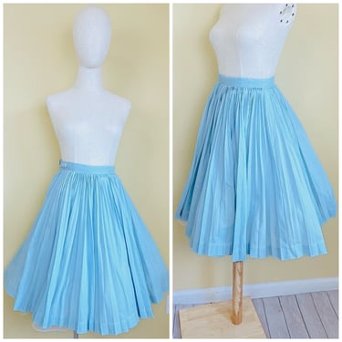 1960s Vintage Baby Blue Cotton Pleated Skirt / 60s / Sixties High Waisted Circle Skirt Pastel / XS - Small 