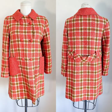 Vintage 1960s Orange Plaid Tweed Coat / XS 