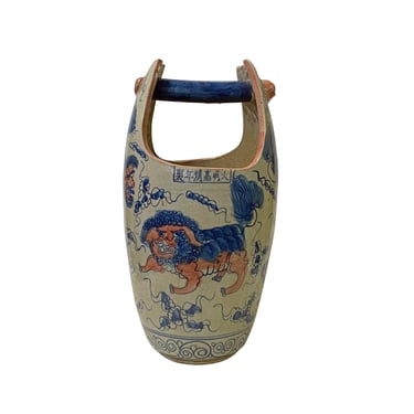 Chinese Beige Foo Dog Ceramic Bucket Shape Pot Planter Vase ws2809E 