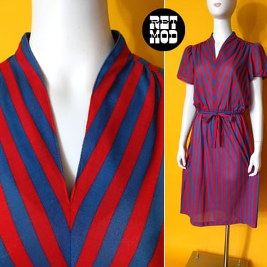 Super Cool Vintage 70s 80s Blue Red Stripe Elastic Waist Day Dress 