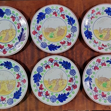 Set of 6 antique Staffordshire Rabbitware Dessert Plates 