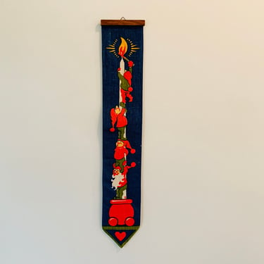 Vintage Christmas Candle and Elves Screen Printed Linen Hanging Banner 