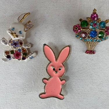 Vintage Easter Brooches Collection Of 3,  Pink Bunny Pin, Rhinestone Rabbit, Easter Basket 