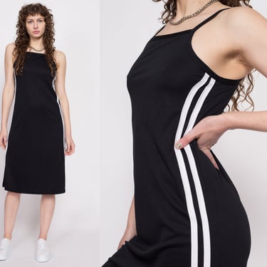 90s Black & White Striped Sporty Dress - Medium | Vintage Stretchy Spaghetti Strap Casual Streetwear Midi Dress 