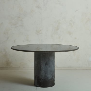 Patinated Metal + Tinted Mirror Pedestal Dining Table, Spain 20th Century