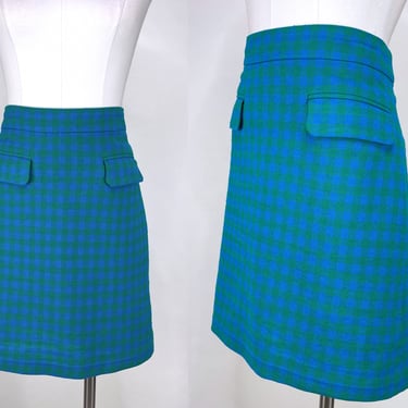 Vintage 90s-Y2K Blue & Green Plaid, Checkered Above the Knee Mini Skirt by J.Crew Size M/L | Clueless, School Girl, Retro, Costume, Business 