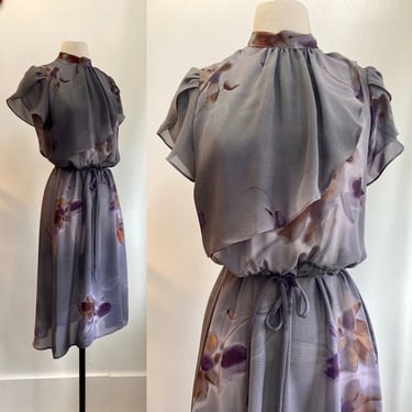 Vintage 80s Dress / SHEER ABSTRACT WATERCOLOR Floral Print / Byer Two 