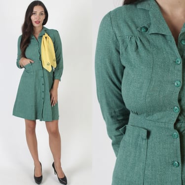 40s 50s Girl Scouts Of American Uniform, Button Up Dress With Yellow Sash Tie, Vintage Official Green Patches & Pockets 