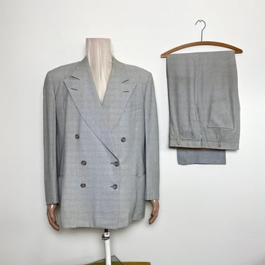 Vintage 1940s Double Breasted Suit 40s Rayon Peaked Lapel Blue and White 