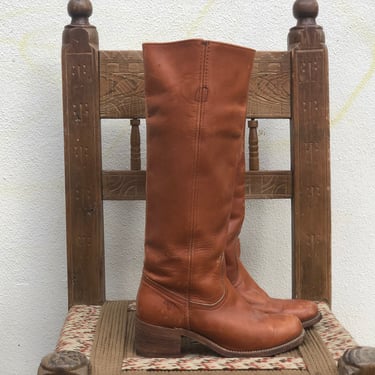 Size 5 1970's Frye Campus Boots / Light Brown Leather Boots / Round Toe Stacked Boots / Stompin Boots / Brown Leather Haute Hippie Boho 
