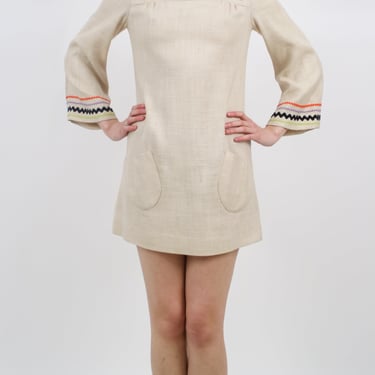 1960s Textured Cotton Mini Dress with Ric-Rac Trim