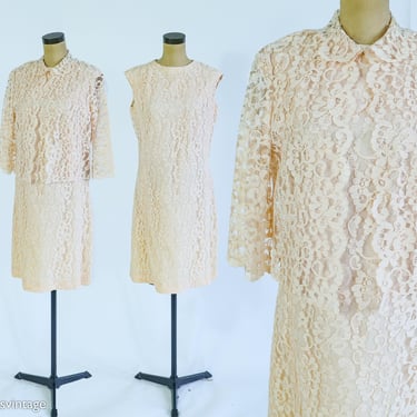 1960s Peach Lace Dress & Jacket | 60s Pale Peach Dress Coat Set | Ensenada | Large 