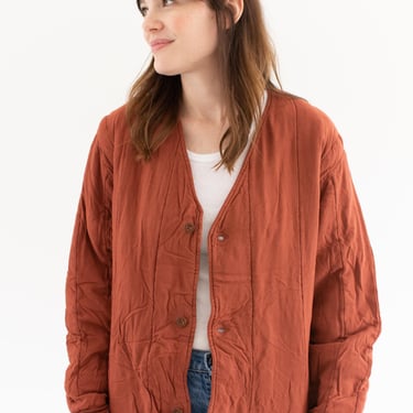 Vintage Overdye Brick Red Cotton Quilt Jacket | Unisex V Neck Quilted Puffer | M | RJ07 