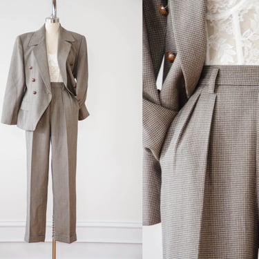 brown wool suit | 80s 90s vintage Linda Allard brown cream checkered dark academia high waisted pants trousers blazer 