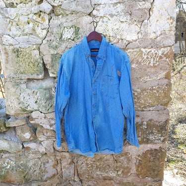 Vintage 1990's Faded Denim Hunting Fishing Outdoor Embroidered Shirt / M to L Button Down 