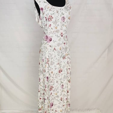 Vintage 90s Floral White Summer Dress // Tie Waist Adjustable Sleeveless Maxi Dress 