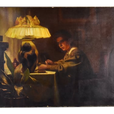 1907 Christian Clausen Danish Oil Painting Interior Woman Reading by Lamplight 