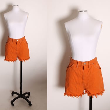 1970s Orange Denim Cut Off Fringe Frayed High Waisted Shorts by Wrangler -M 