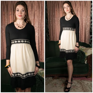 1960s Dress - Joseph Magnin Vintage Late 60s Wool Jersey Mod Day Dress in Black and Ivory Colorblock with Banded Daisy Trim 