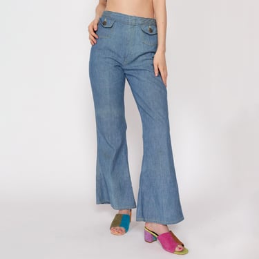 XS 70s Boho Woven Waist Flared Chambray Jeans | Vintage High Waisted Light Wash Denim Bell Bottoms 