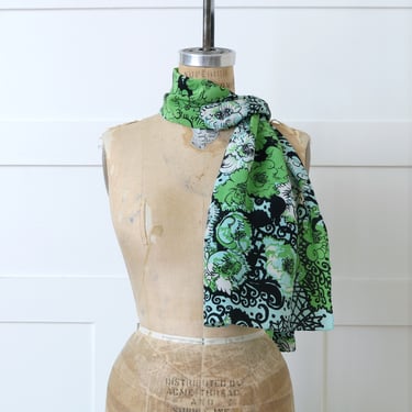 vintage 1940s long scarf • retro green & aqua blue abstract floral wrap / rectangular scarf 