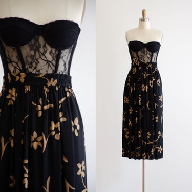 black silk skirt 90s vintage Jones New York beige floral silk chiffon midi skirt 