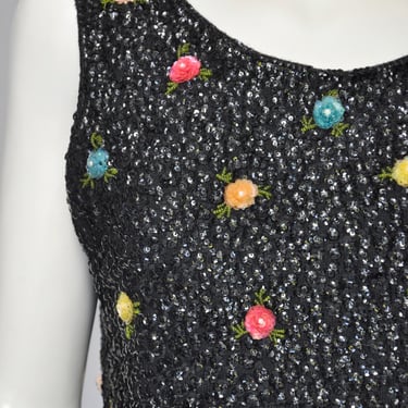 1960s black sequin tank with colorful flowers M/L 