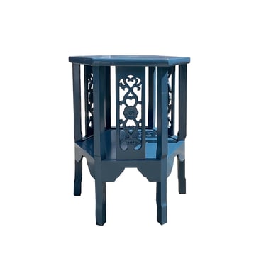 Asian Blue Lacquer Hexagonal Floral Relief Carving Side Table Stand cs7605E 