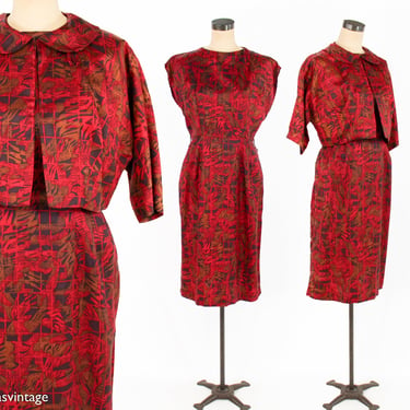 1950s Red Tiki Print Dress & Jacket Set | 50s Red Brown Sheath Dress | Large 