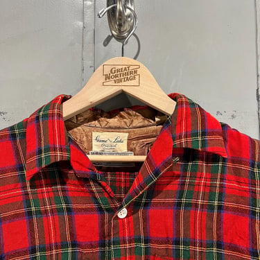 M 60s Game and Lake Red loop collar button up shirt buffalo plaid wool flannel 