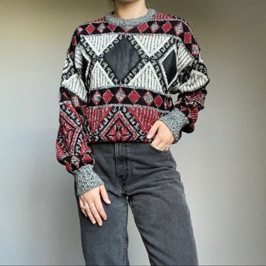 Vintage 90s Campus Red Black Geometric Oversized Crewneck Leather Trim Sweater Size M 