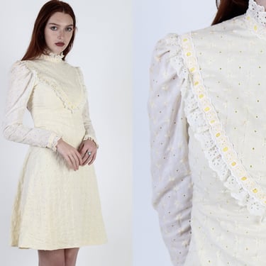Plain Ivory Embroidered Eyelet Mini Dress / Yellow Satin Ribbon Trim / Vintage 70s Simple Victorian Style Mini Dress 