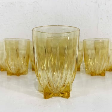 Vintage Star Design Federal Depression Glass Juice Drinking Glasses Gold Amber Yellow Lowball Set of 8 Cocktail Barware 1950s 