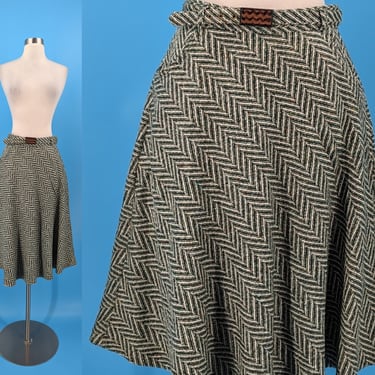 Sixties Green Herringbone Wool Blend A-line Skirt with Matching Belt - 60s Small Knee Length Skirt 