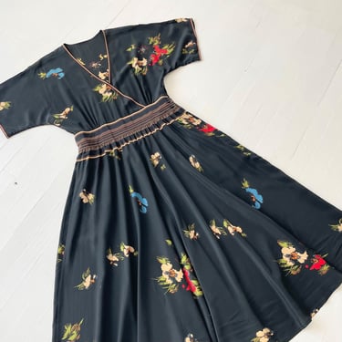 1970s Black Floral Print Dress 