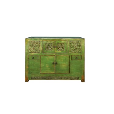 Oriental Distressed Lime Green Floral Carving Credenza Storage Cabinet ws4482E 