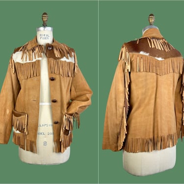 DESERT SUEDES Vintage 40s Suede Jacket | 1940s Western Fringe Leather Jacket w/ Cowhide Yoke | 50s 1950s Cowgirl Rockabilly Rodeo | Sz Small 