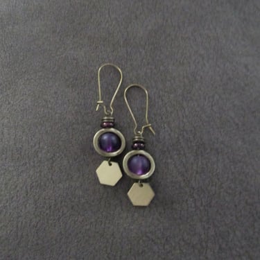 Bronze and purple sea glass earrings, hexagon 