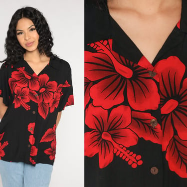 Hawaiian Blouse 90s Black Red Tropical Floral Shirt Button up Top Hibiscus Flower Print Short Sleeve Retro Vintage 1990s Extra Large xl 