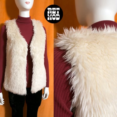 Cool Vintage 70s Off-White Faux Fur Fluffy Boho Vest 