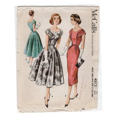 Vintage 1957 McCall's Sewing Pattern 4172, Misses' Dress with Slim or Full Skirt, Princess Seams, Gathered Sleeves/Bodice, Size 12 Bust 32 